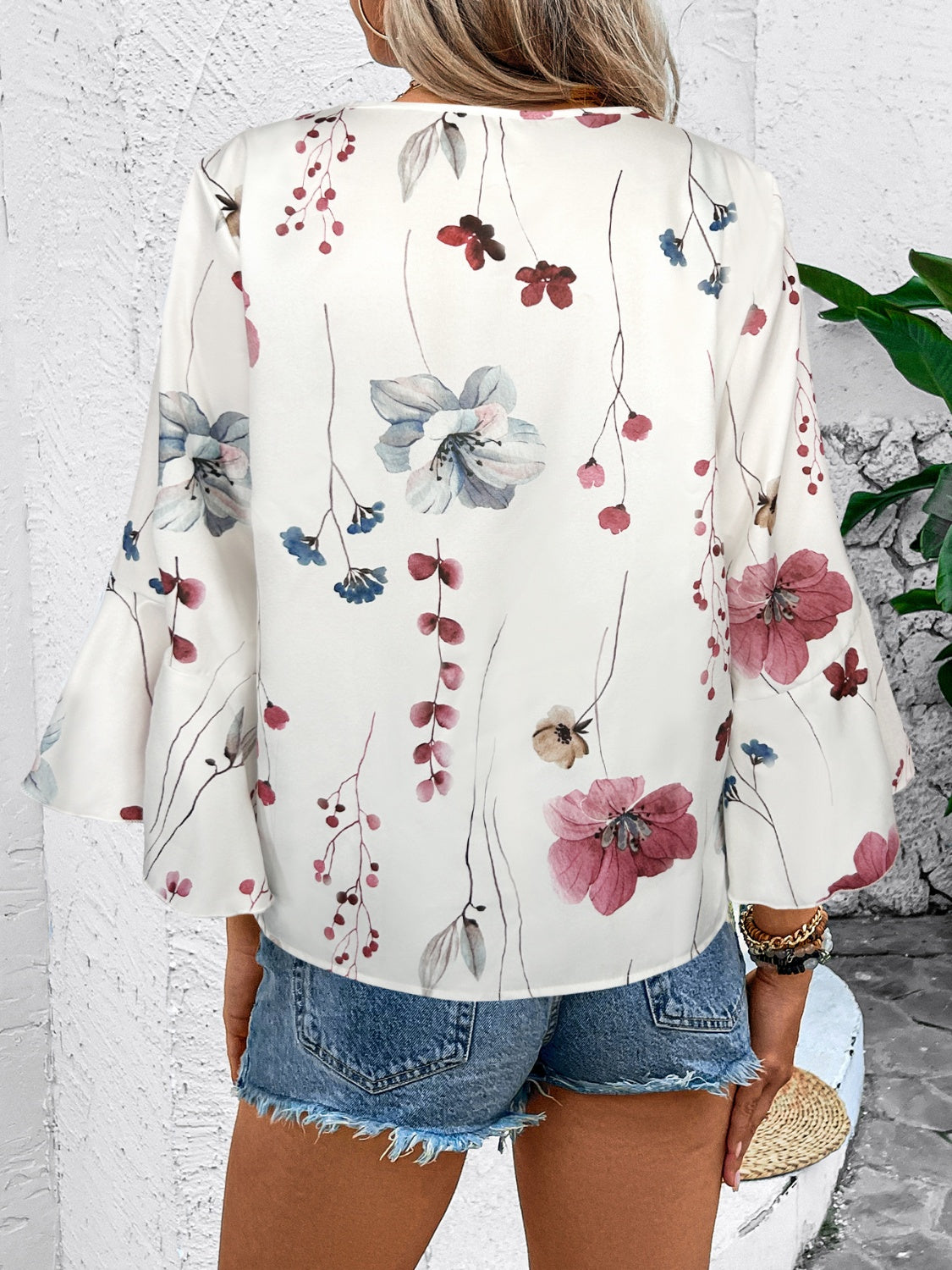 Honey Ruffled Printed V-Neck Half Sleeve Blouse - The Goddess Galleries