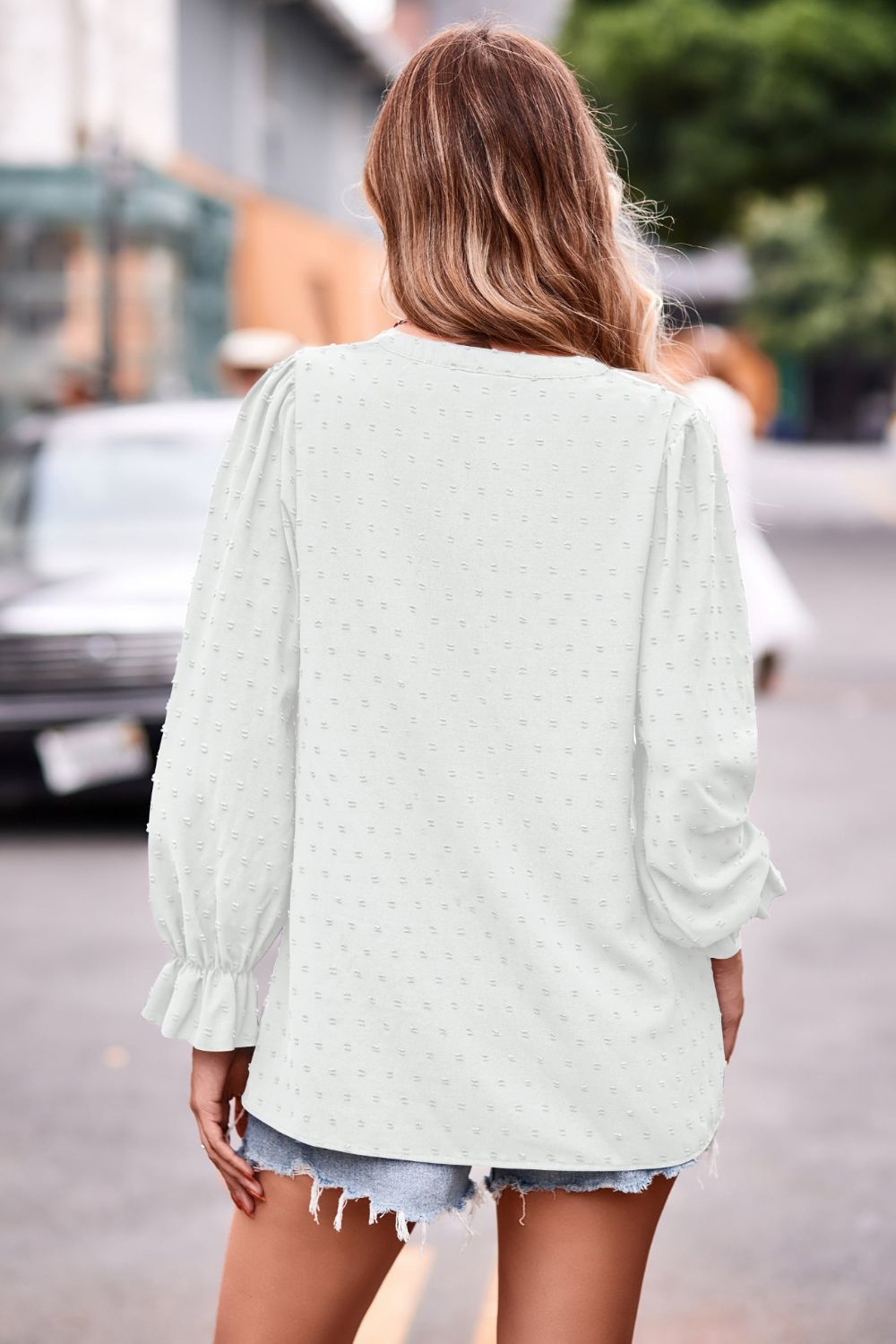 Swiss Dot Notched Neck Flounce Sleeve Blouse - The Goddess Galleries