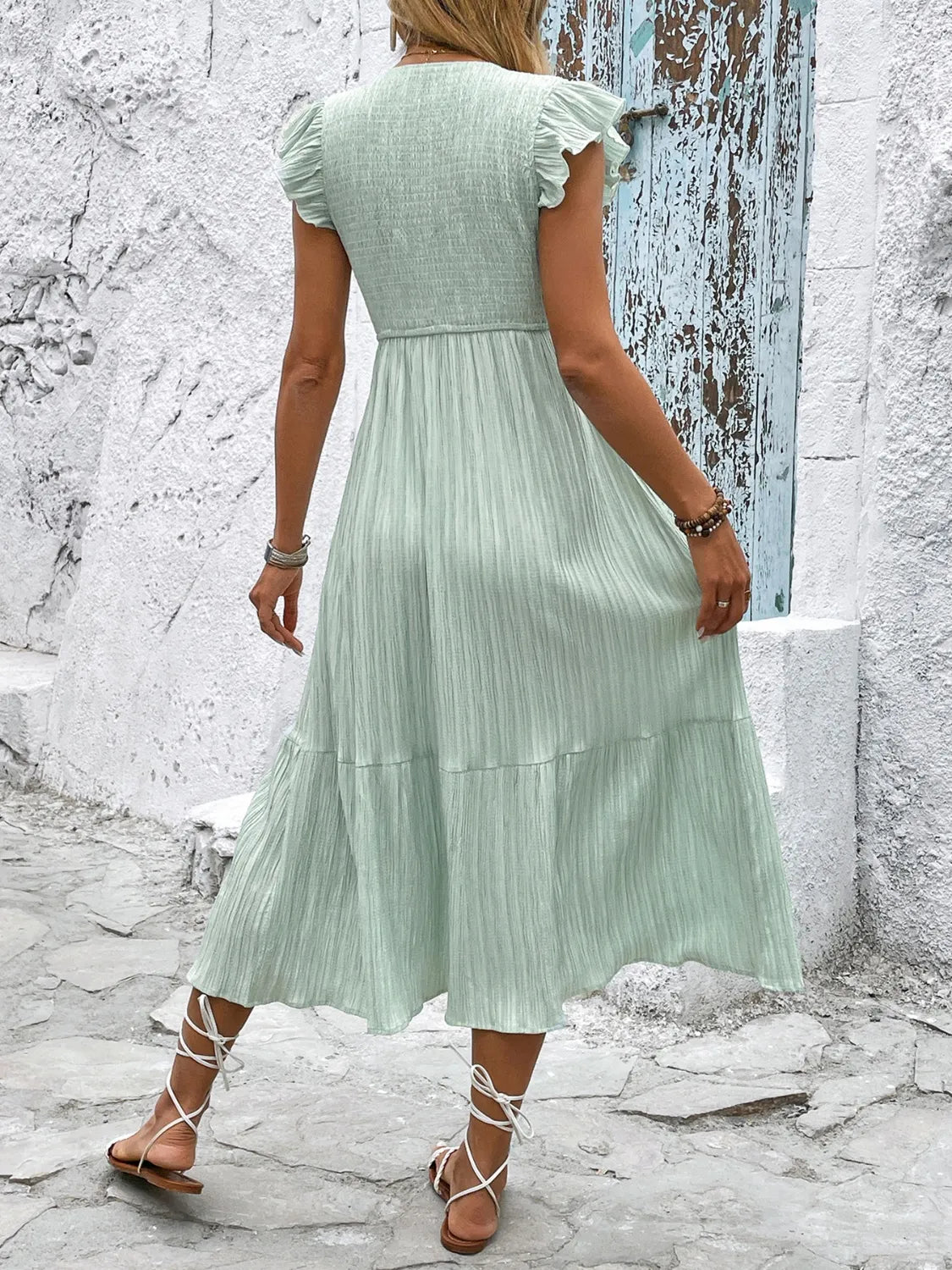 V-Neck Ruffled Cap Sleeve Dress - The Goddess Galleries