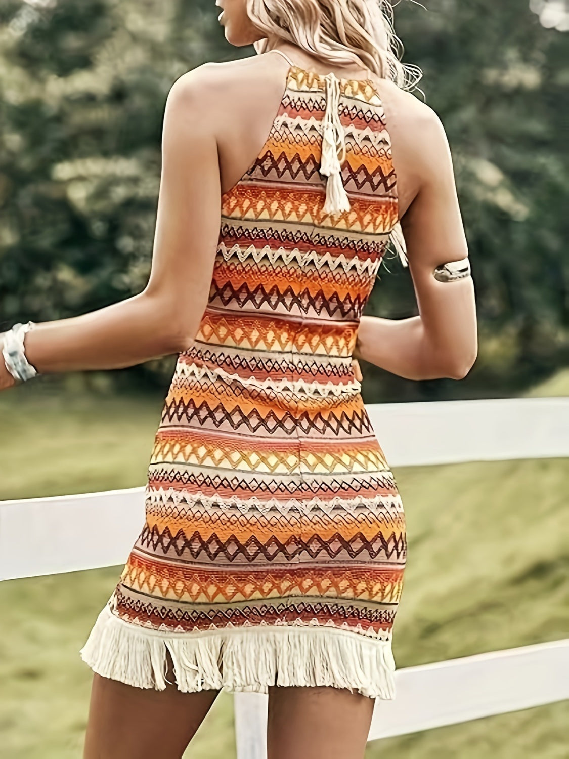 Full Size Fringe Grecian Neck Dress - The Goddess Galleries