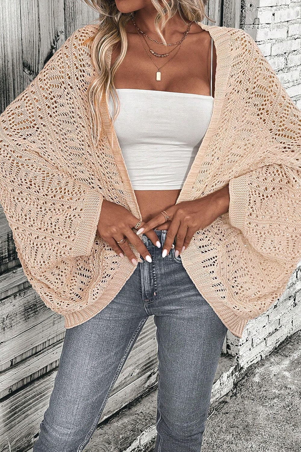Openwork Open Front Long Sleeve Cardigan - The Goddess Galleries