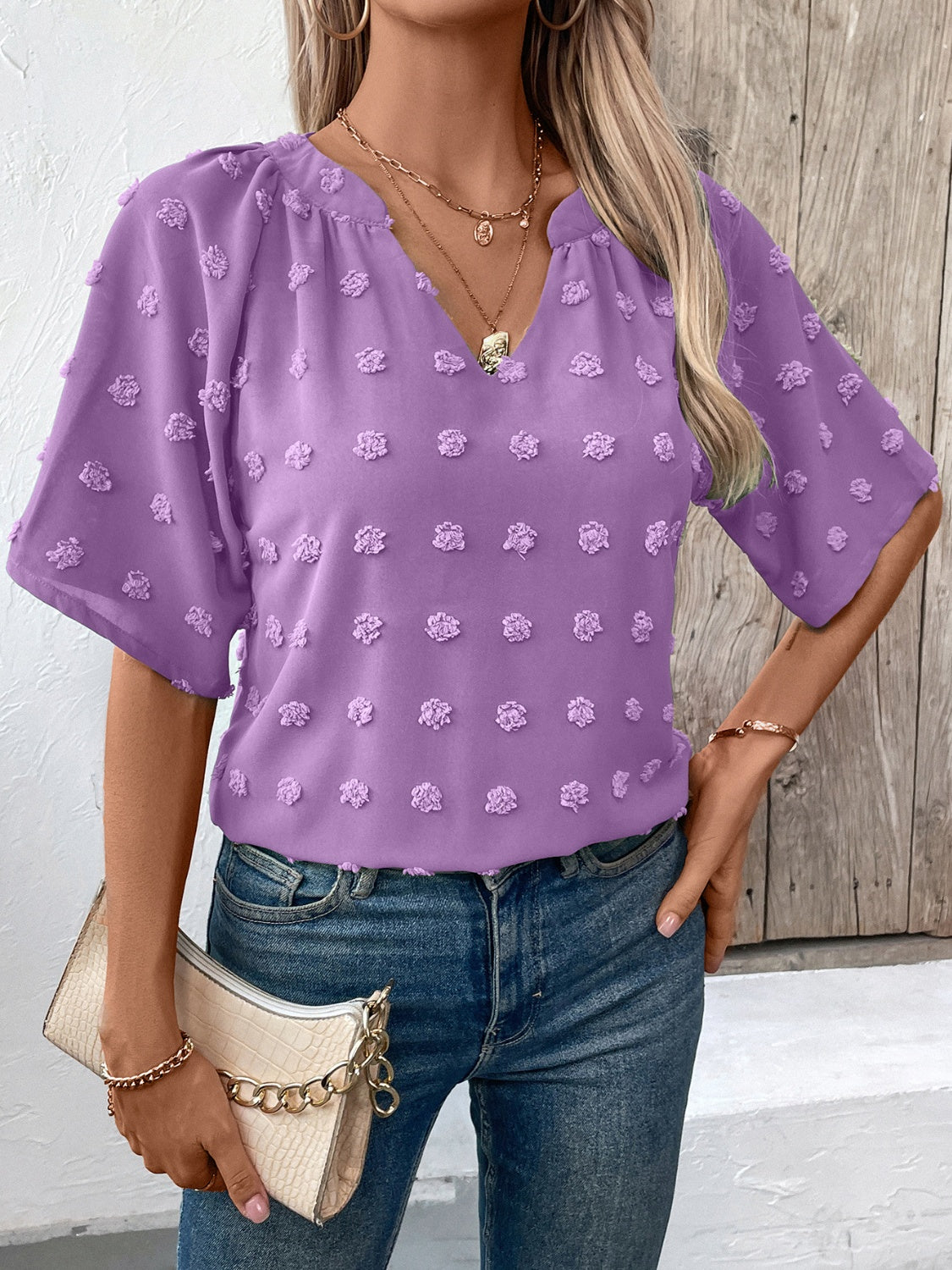 Ivy Lane Swiss Dot Notched Half Sleeve Blouse - The Goddess Galleries