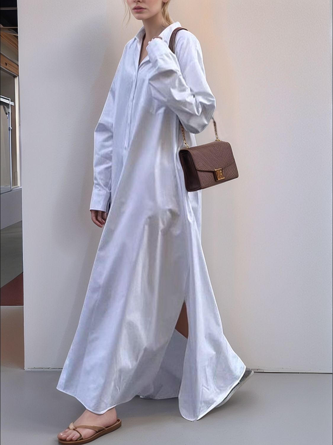 Devine Button Down Long Sleeve Maxi Shirt Dress - The Goddess Galleries