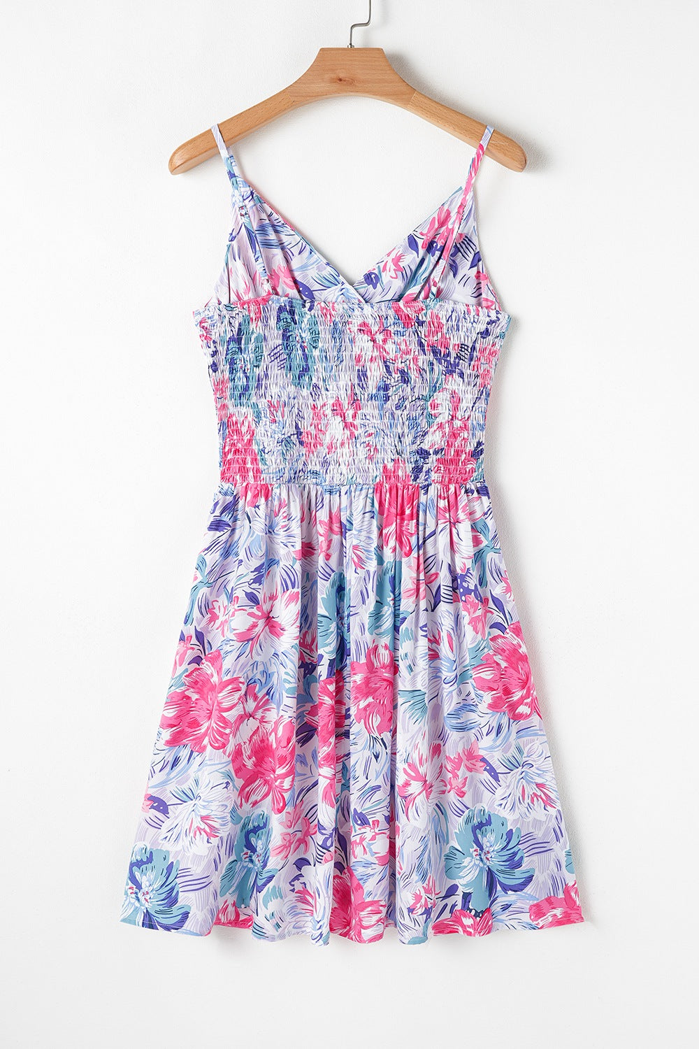 Floral Spaghetti Strap Surplice Neck Shirred Waist Mini Dress - The Goddess Galleries