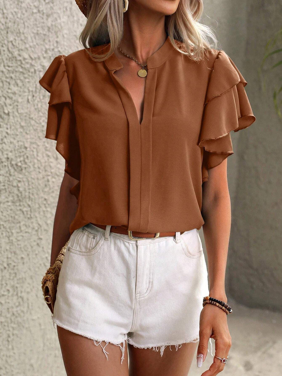 Ruffled Notched Short Sleeve Blouse - The Goddess Galleries