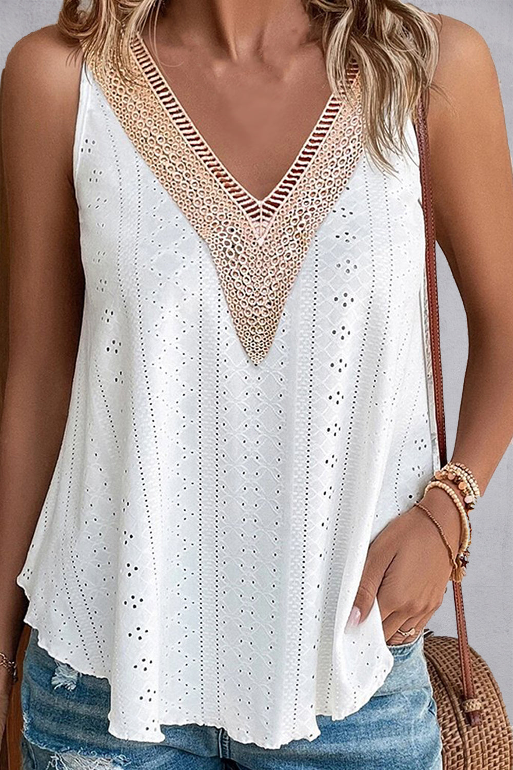 Lace Detail Eyelet V-Neck Tank - The Goddess Galleries