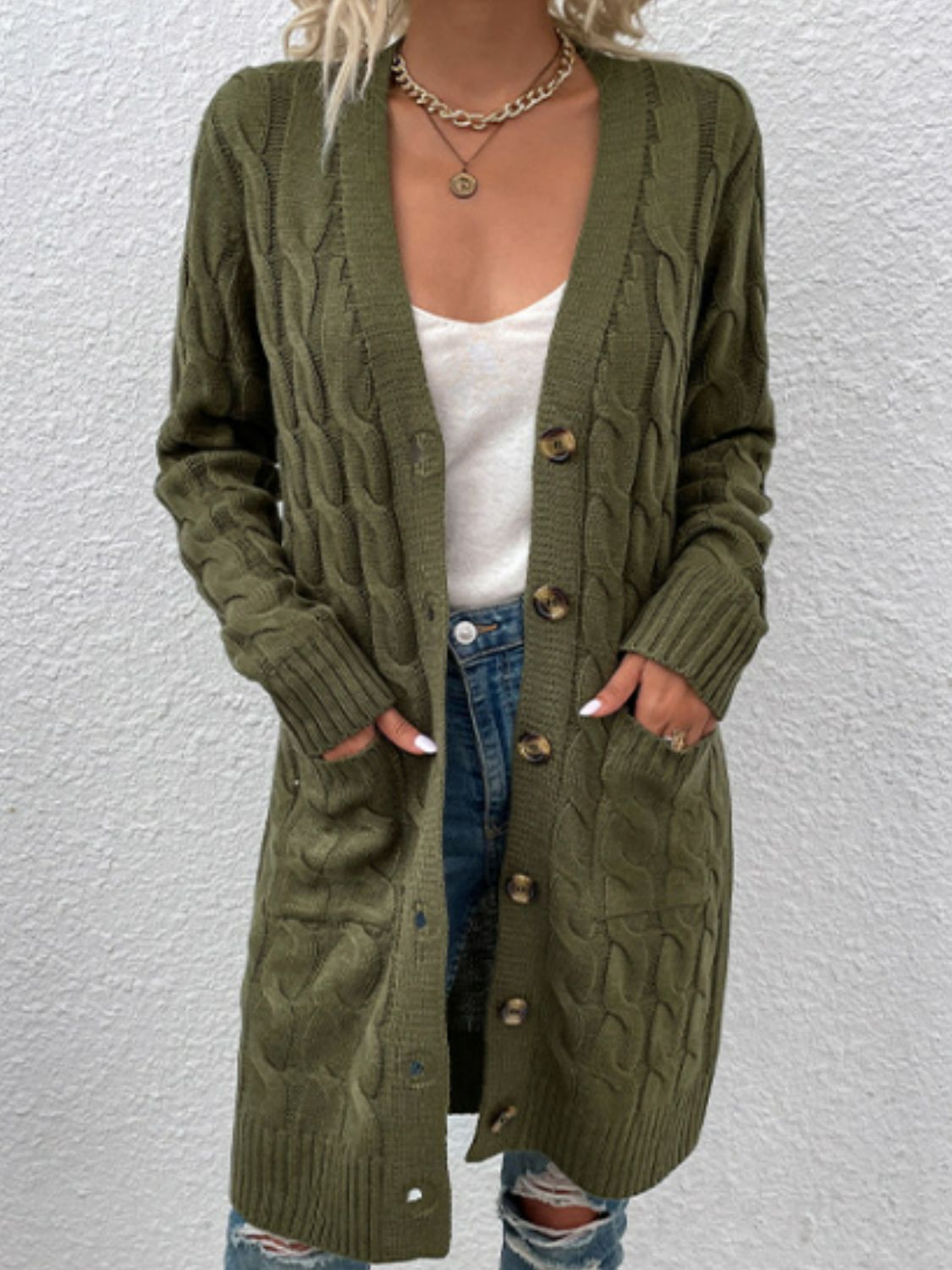 Cable-Knit Button Down Cardigan with Pockets - The Goddess Galleries