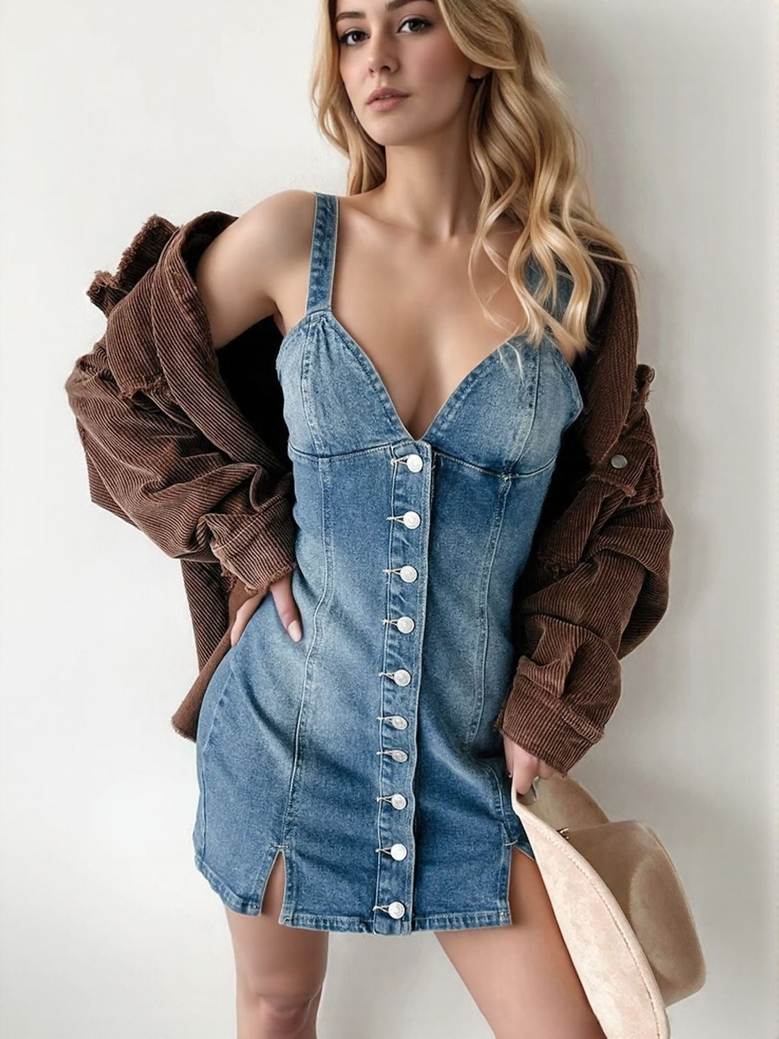 Button Down Mini Cami Denim Dress - The Goddess Galleries