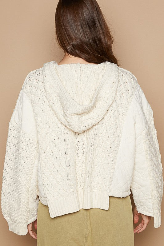 POL Cable-Knit Quarter Button Hooded Sweater - The Goddess Galleries