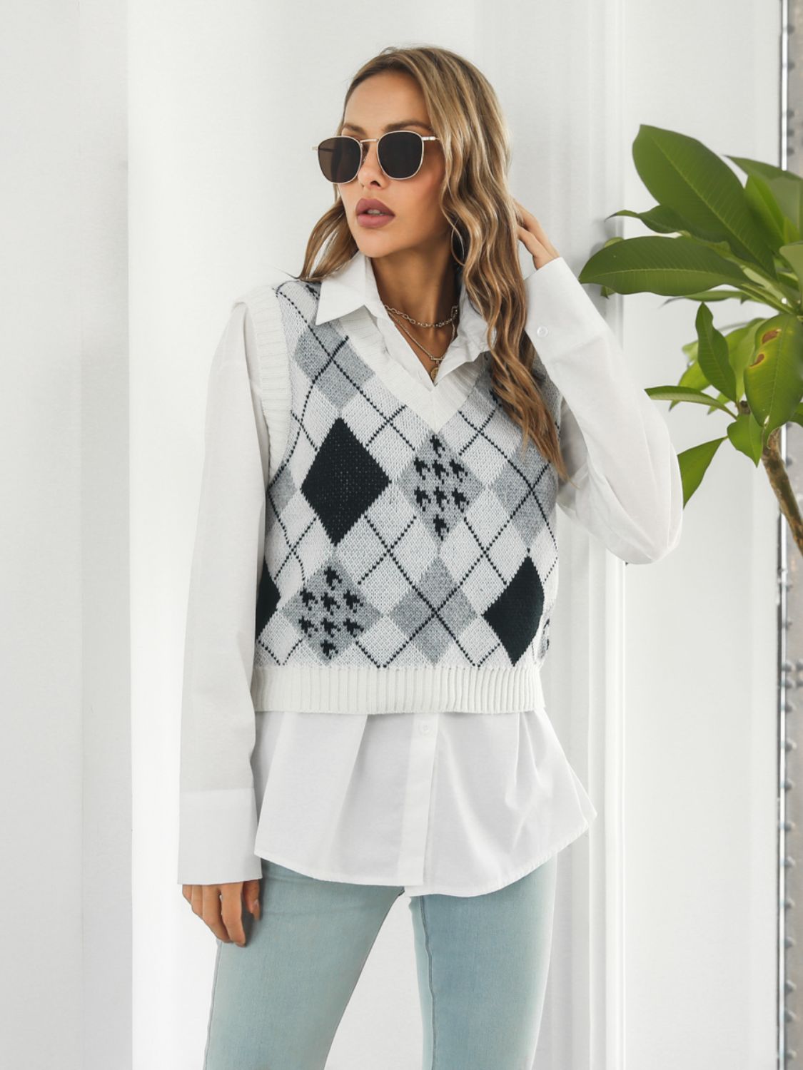 V-Neck Plaid Sweater Vest - The Goddess Galleries