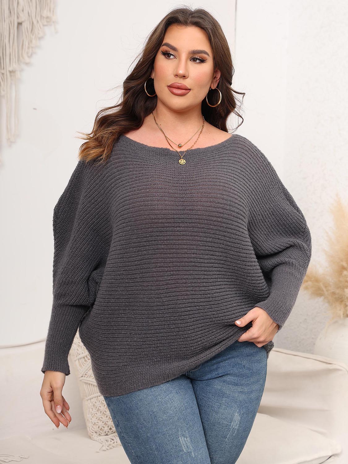 Full Size Boat Neck Batwing Sleeve Sweater - The Goddess Galleries