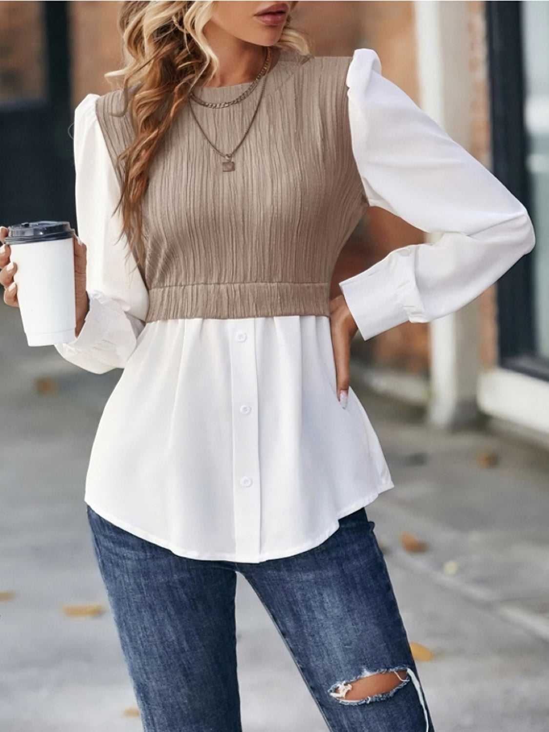 Contrast Round Neck Puff Sleeve Blouse - The Goddess Galleries