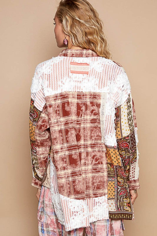 POL Crochet Plaid Patchwork Button Up Shirt - The Goddess Galleries