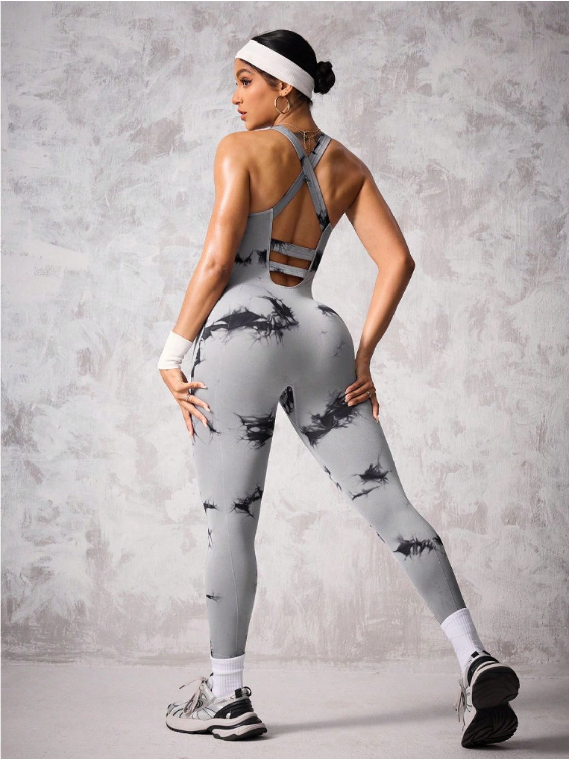 Back Crisscross Tie-Dye Scoop Neck Active Jumpsuit - The Goddess Galleries