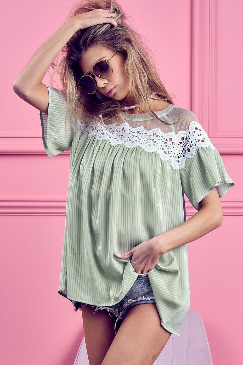 BiBi Lace Detail Short Sleeve Striped Blouse - The Goddess Galleries