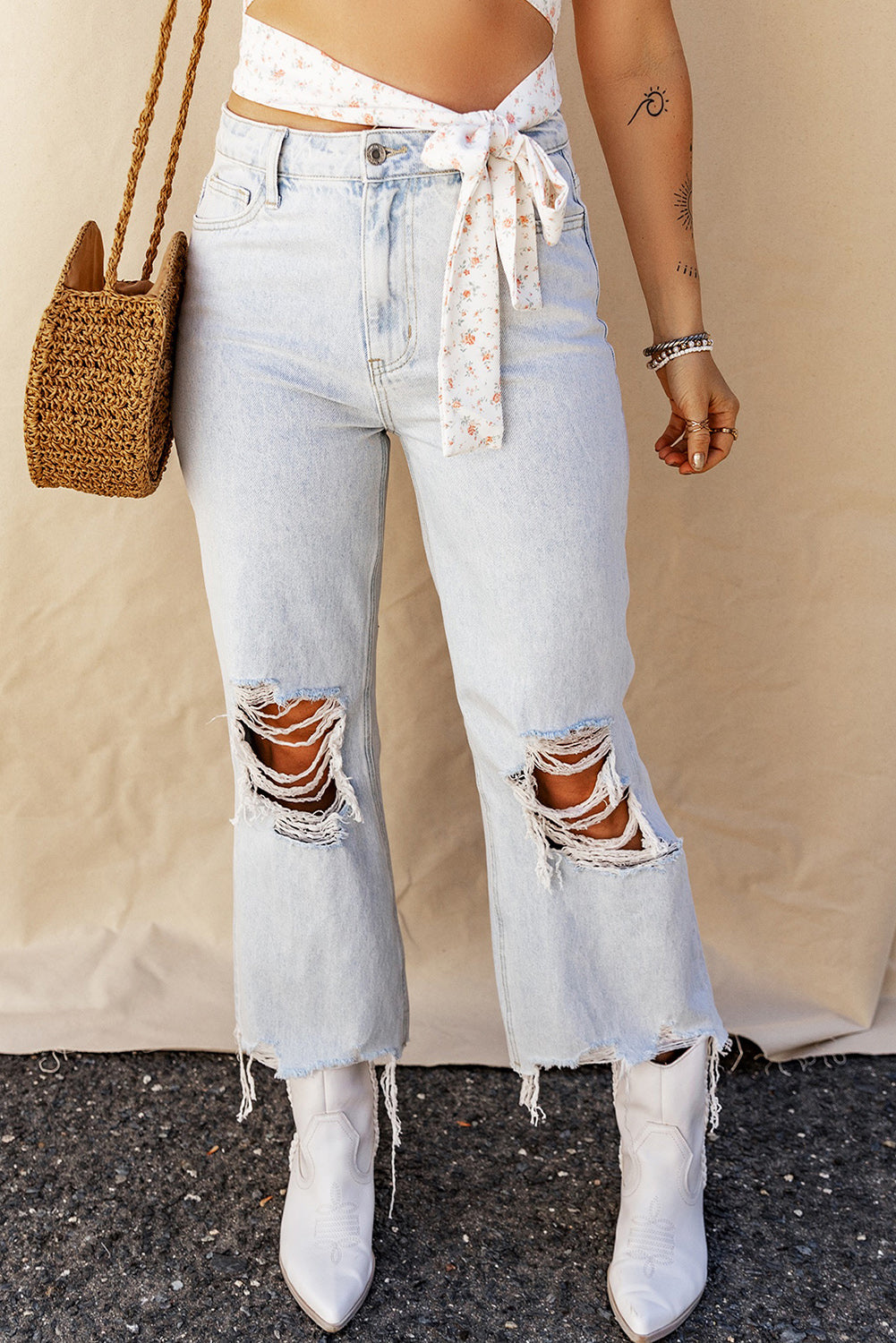 Distressed Raw Hem Jeans with Pockets - The Goddess Galleries