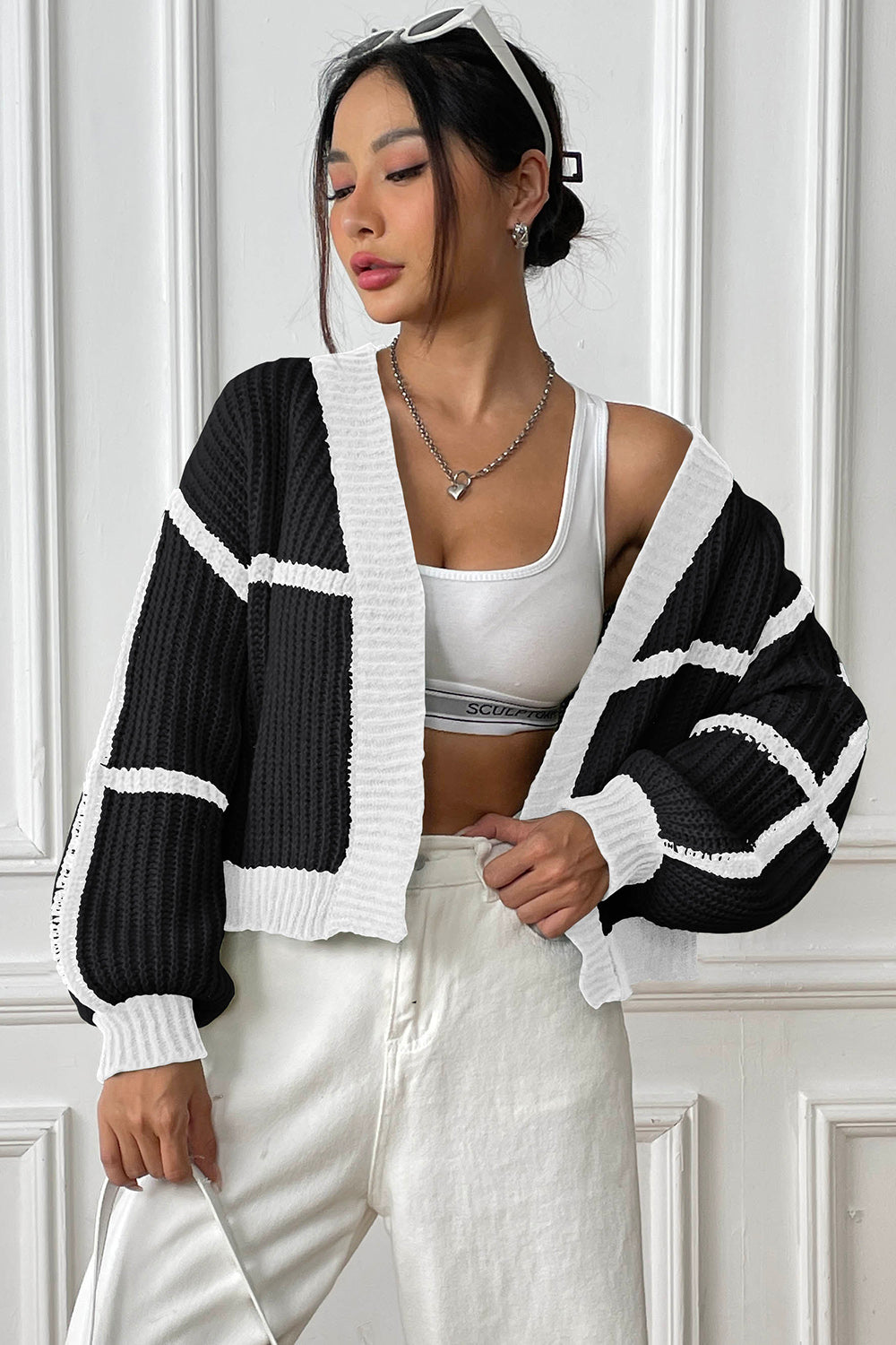 Contrast Open Front Long Sleeve Cardigan - The Goddess Galleries
