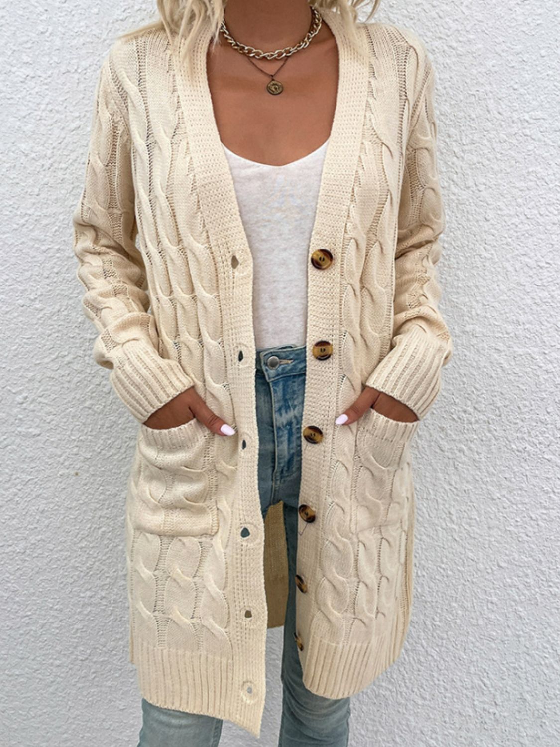 Cable-Knit Button Down Cardigan with Pockets - The Goddess Galleries