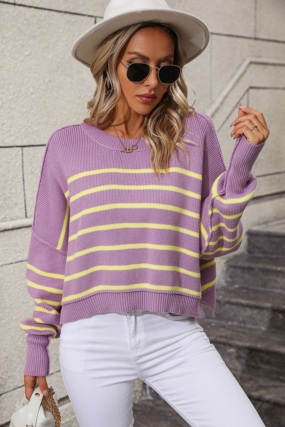 Striped Dropped Shoulder Round Neck Pullover Sweater - The Goddess Galleries