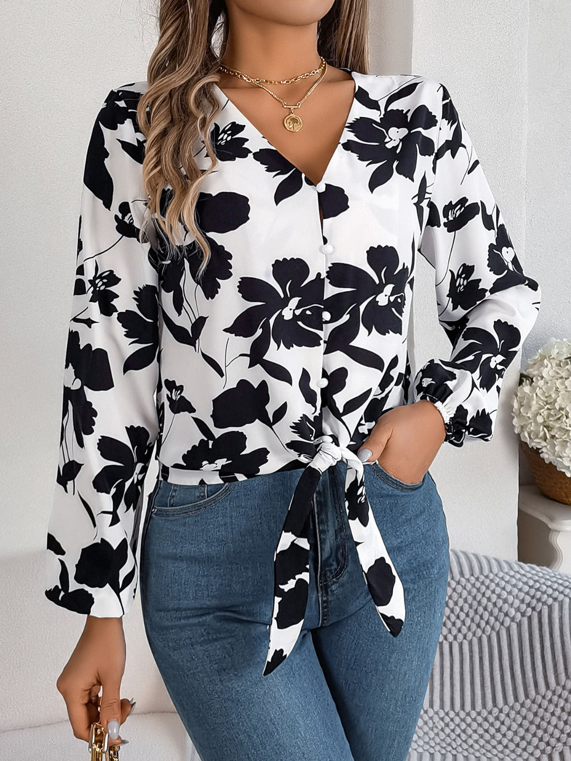 Printed V-Neck Long Sleeve Blouse - The Goddess Galleries