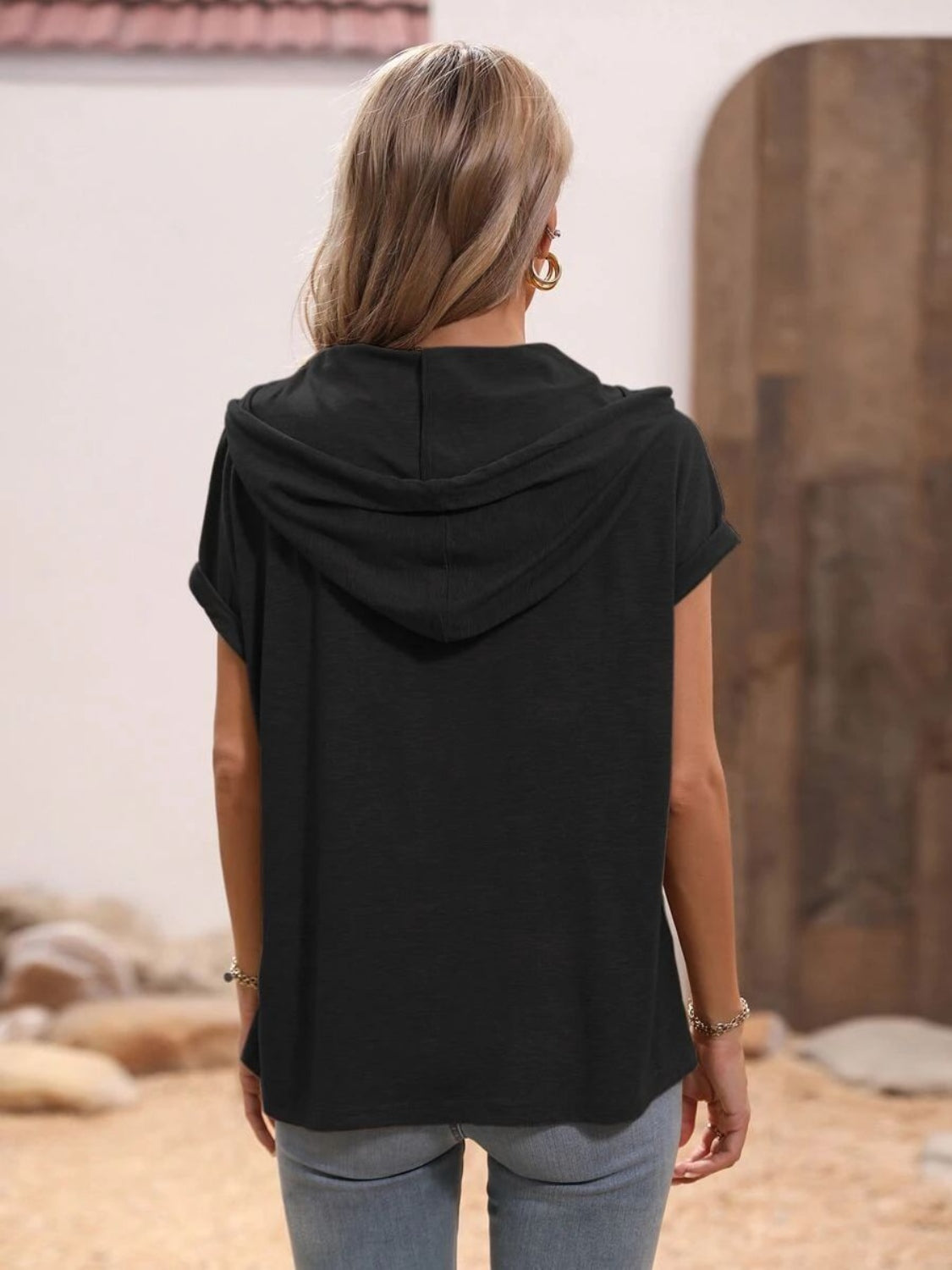 Half Button Hooded Short Sleeve Blouse - The Goddess Galleries