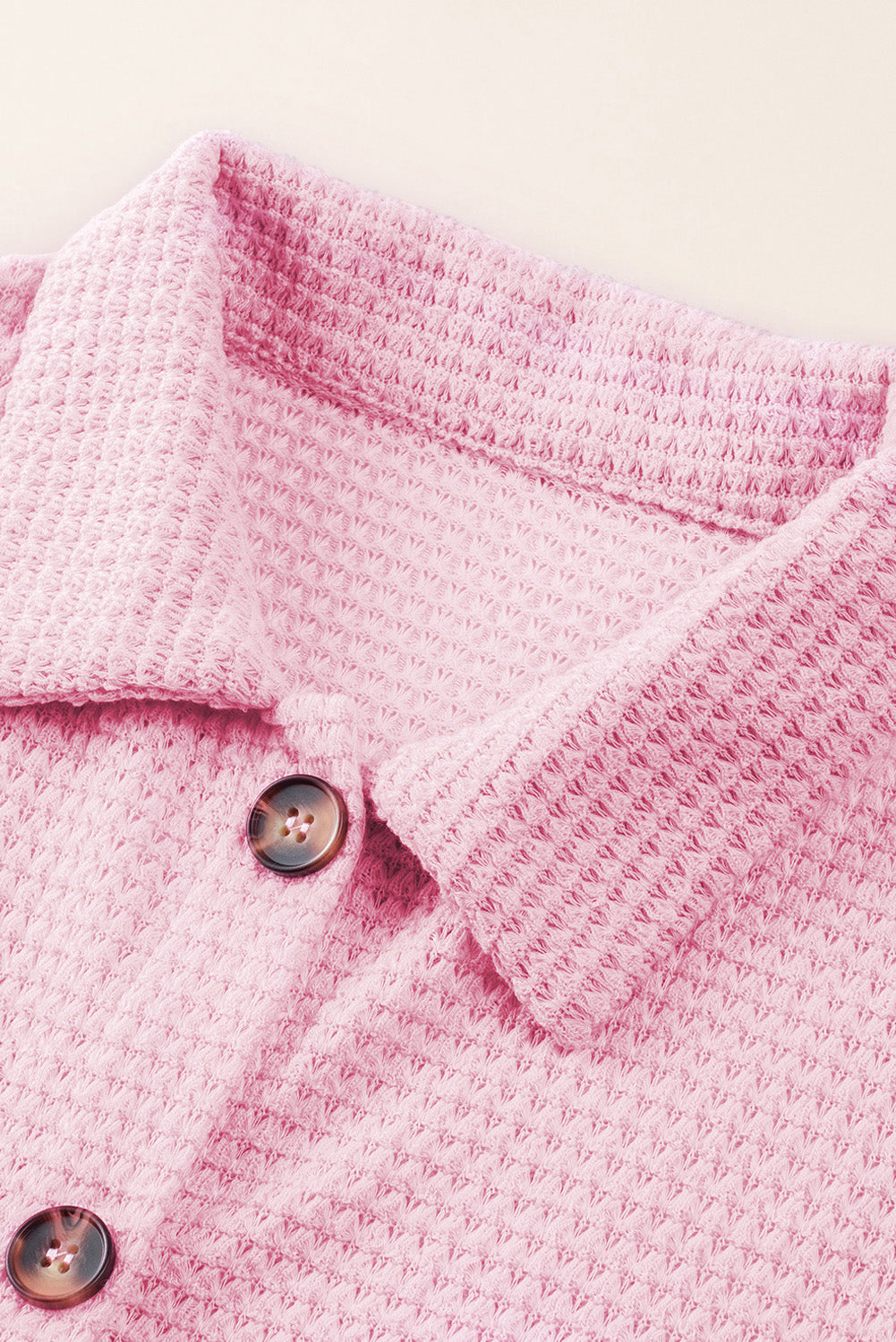 Waffle-Knit Collared Neck Long Sleeve Shirt - The Goddess Galleries