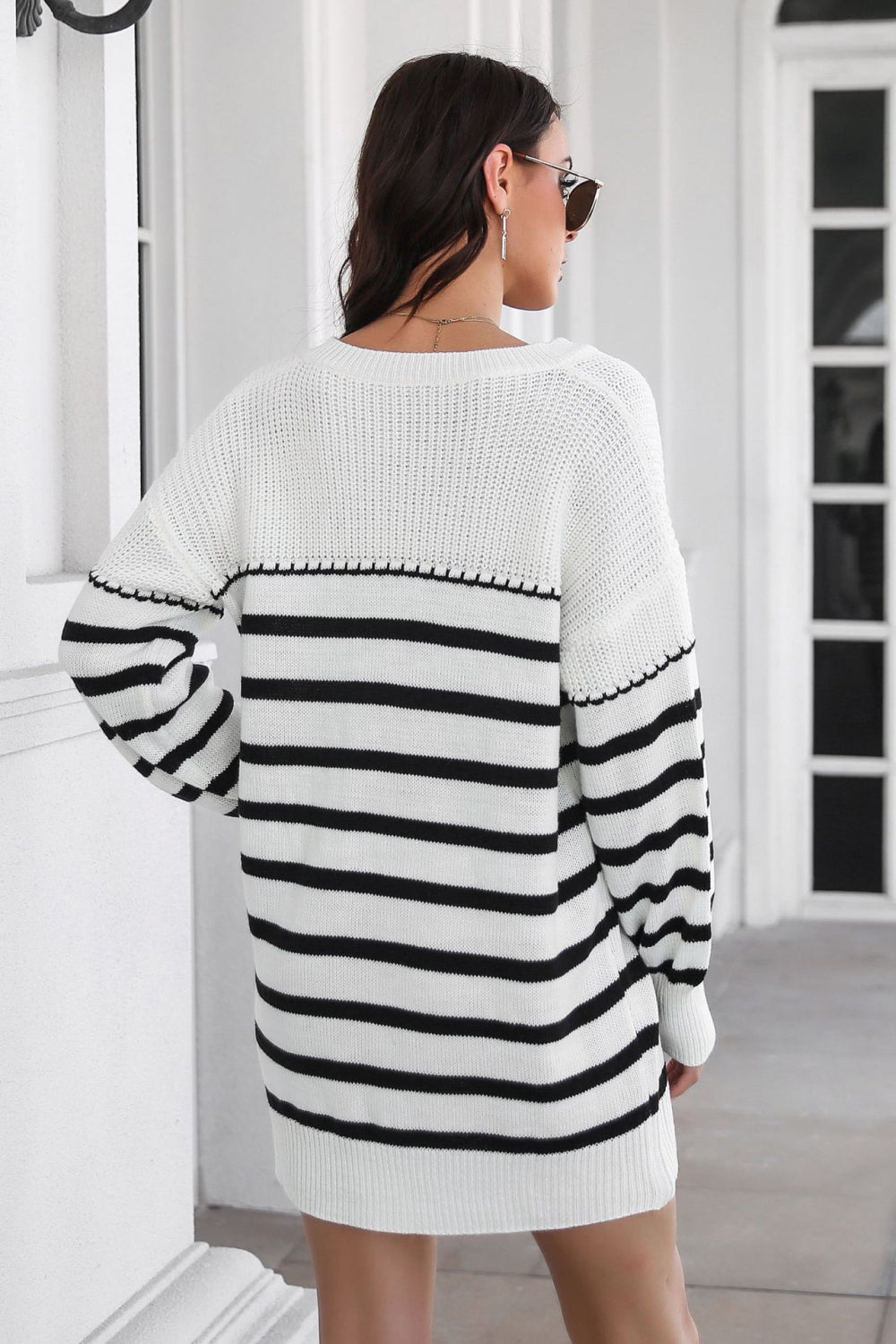 Striped V-Neck Drop Shulder Sweater Dress - The Goddess Galleries