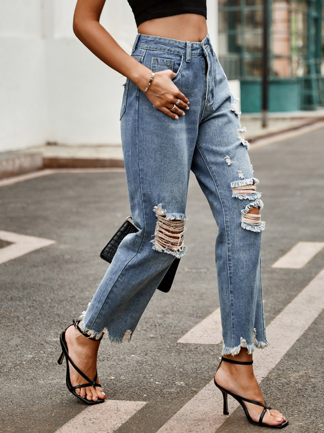 Distressed Raw Hem Jeans with Pockets - The Goddess Galleries
