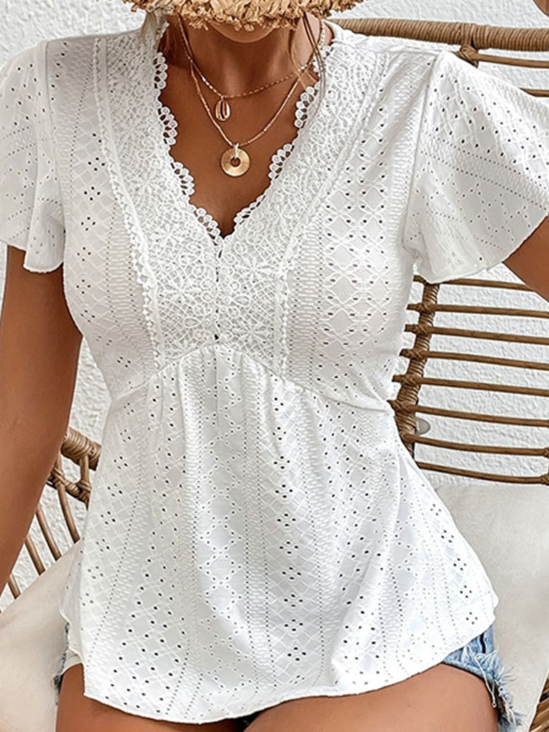 Eyelet Lace Detail V-Neck Short Sleeve Blouse - The Goddess Galleries