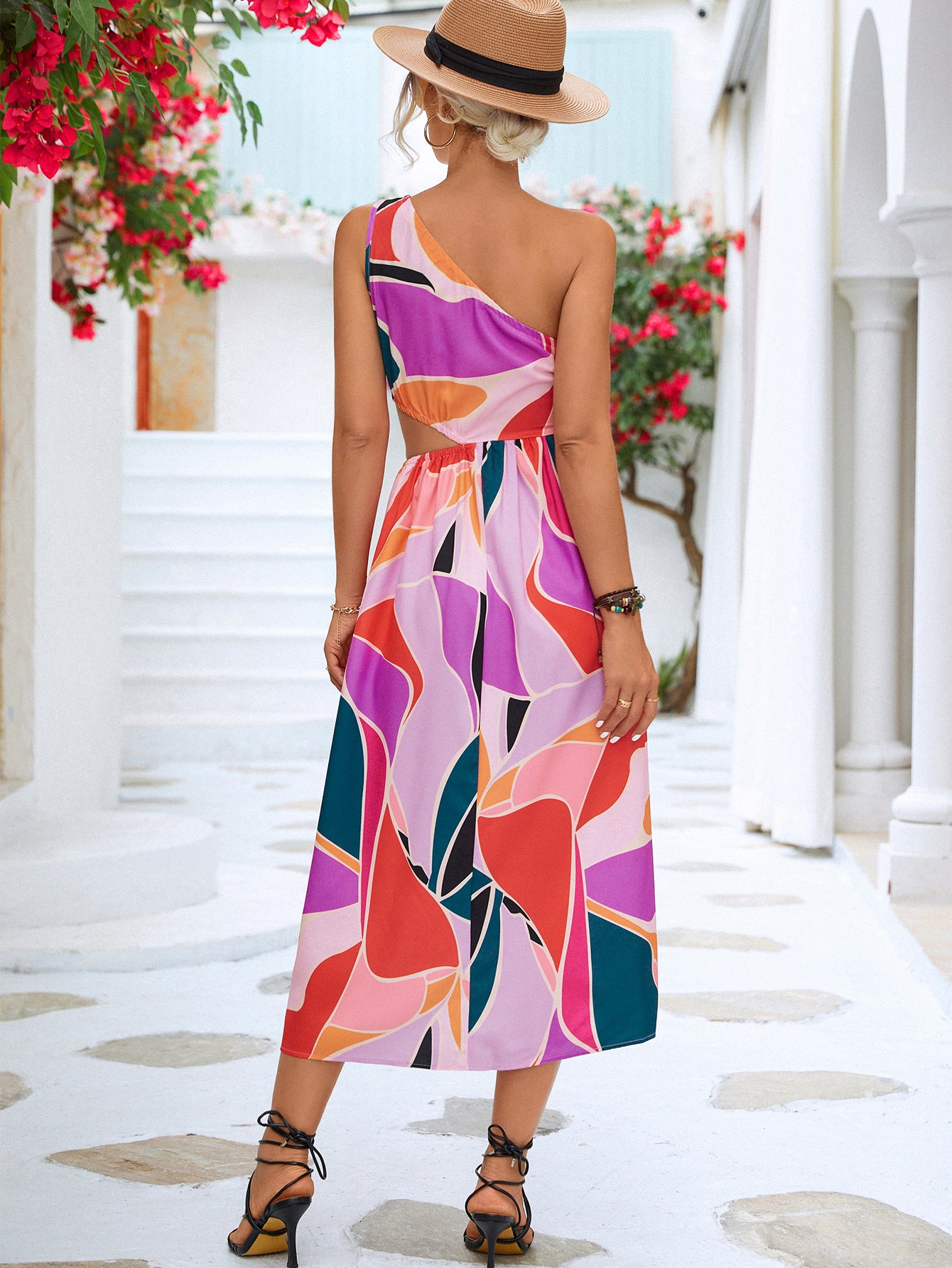 Printed Cutout One-Shoulder Sleeveless Dress - The Goddess Galleries