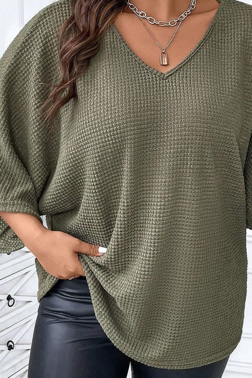 Plus Size Waffle-Knit V-Neck Blouse - The Goddess Galleries