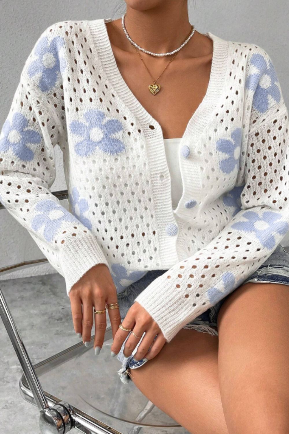 Flower Hollowed Out Button Down Long Sleeve Cardigan - The Goddess Galleries
