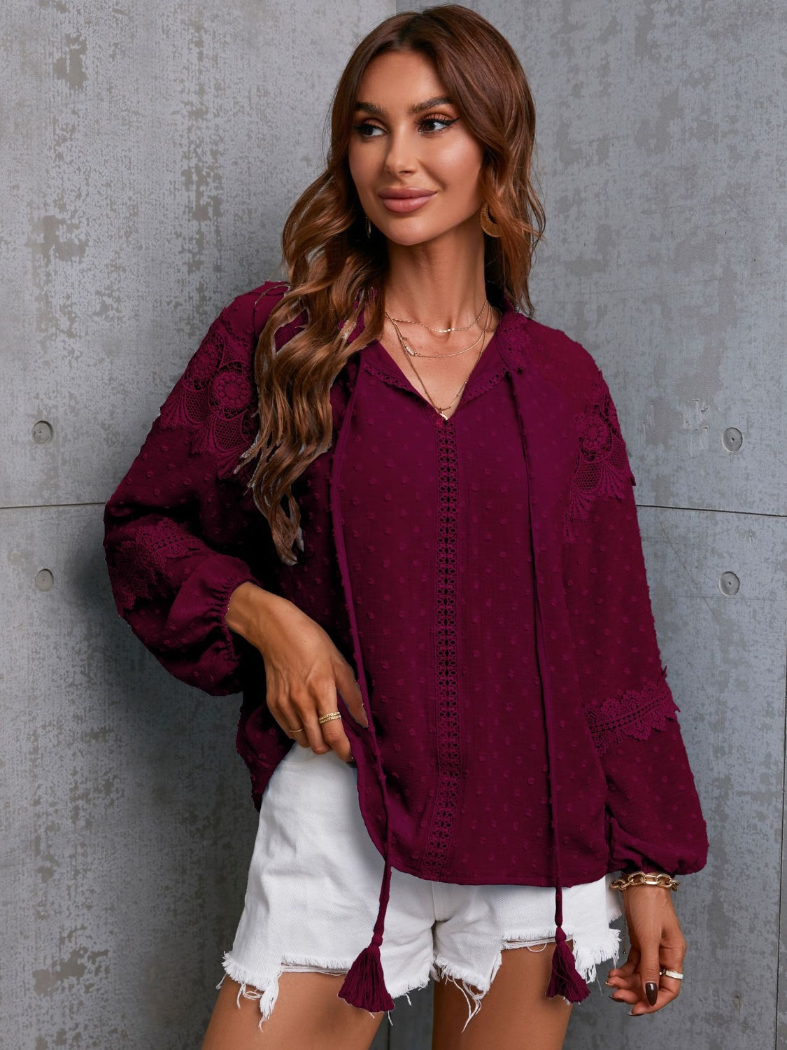 Crochet Tassel Tie Neck Long Sleeve Blouse - The Goddess Galleries
