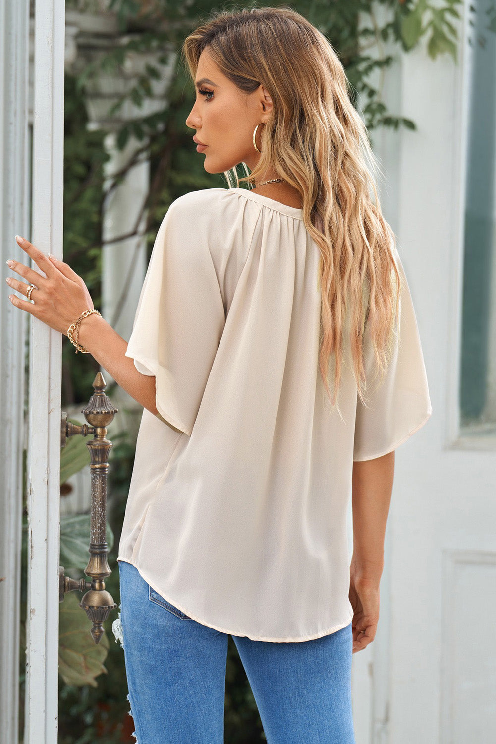 Gathered Detail Notched Neck Flutter Sleeve Top - The Goddess Galleries
