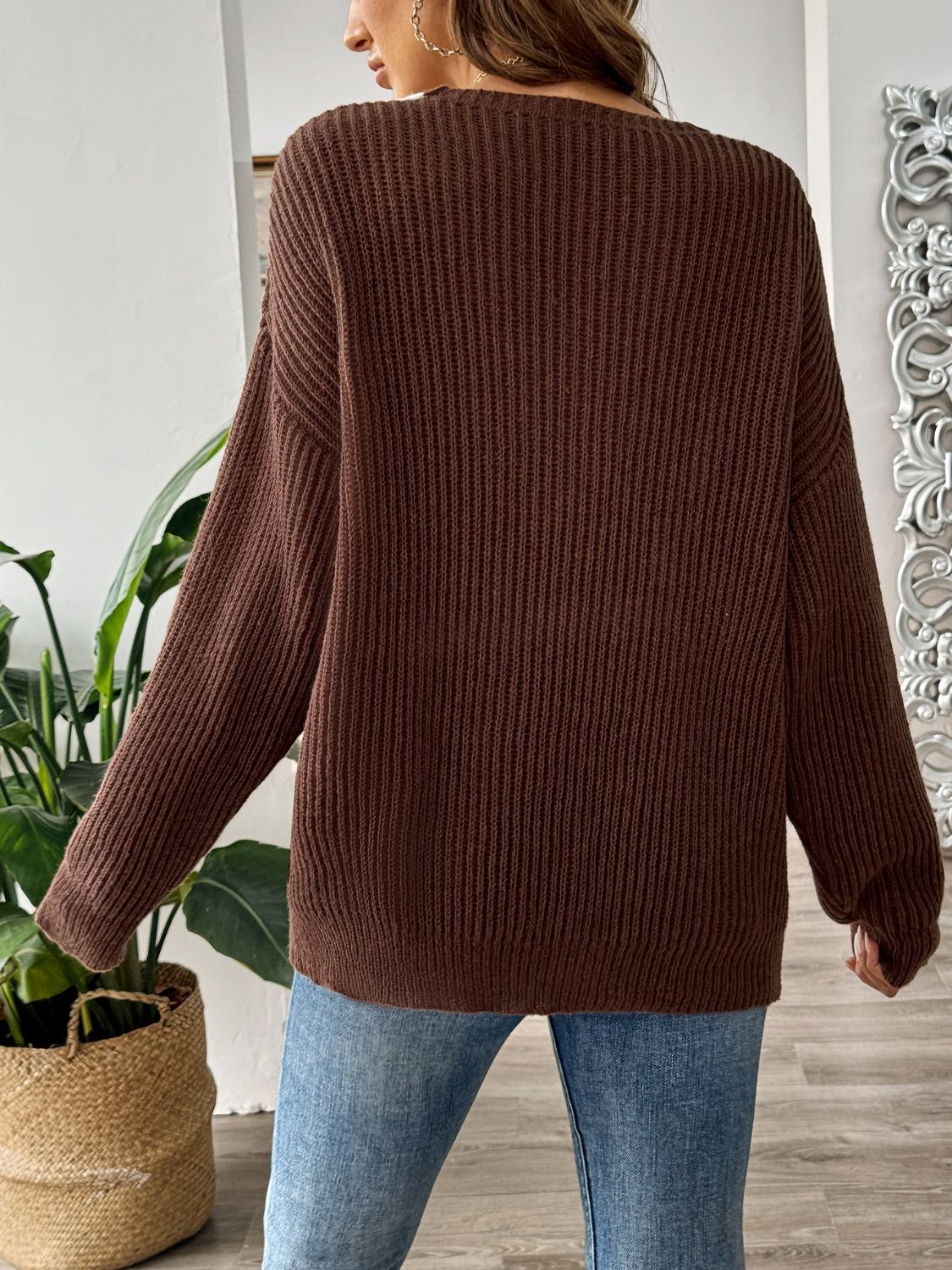 Contrast Dropped Shoulder Long Sleeve Sweater - The Goddess Galleries