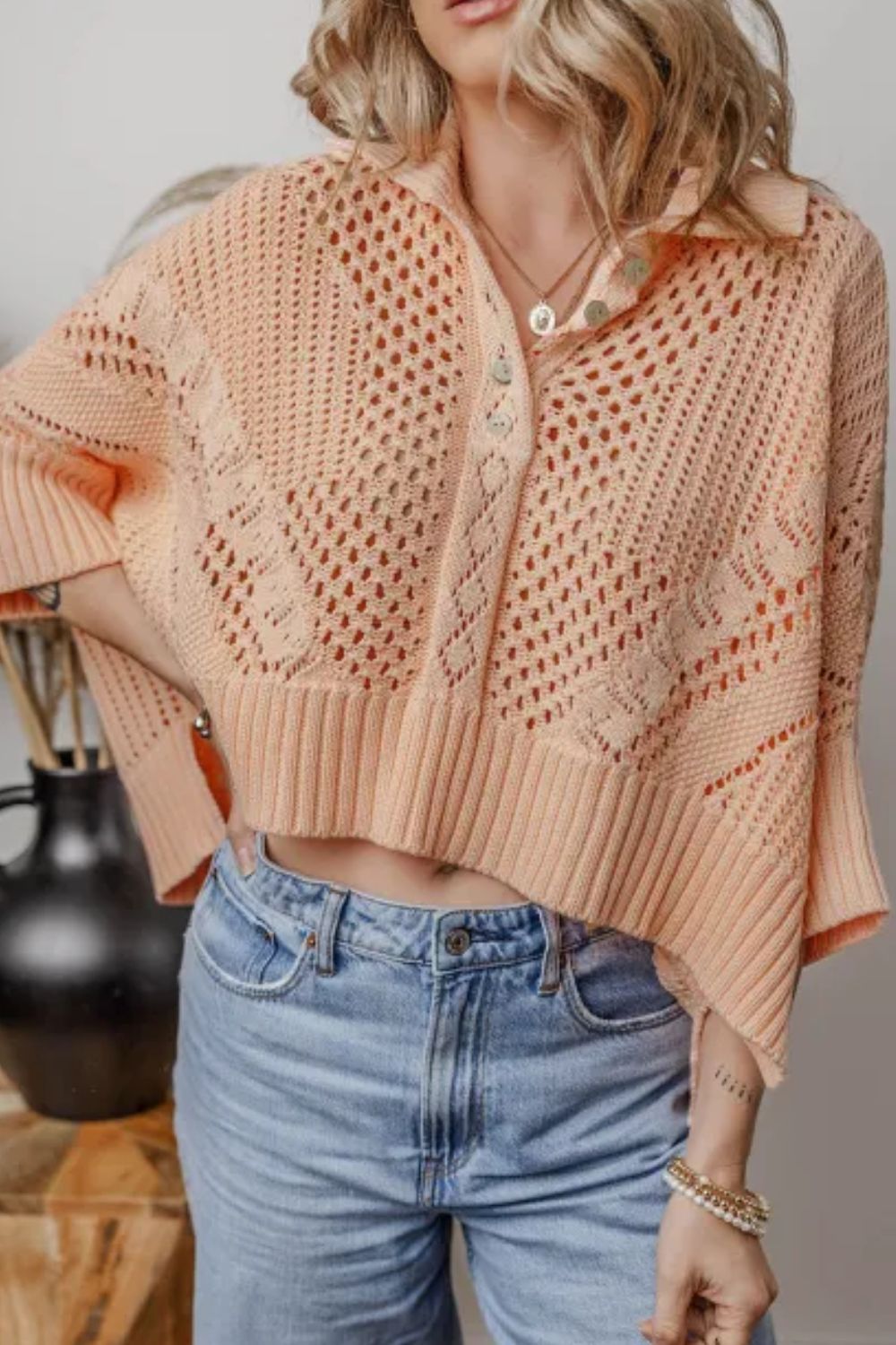 Cutout Collared Neck Three-Quarter Sleeve Sweater - The Goddess Galleries