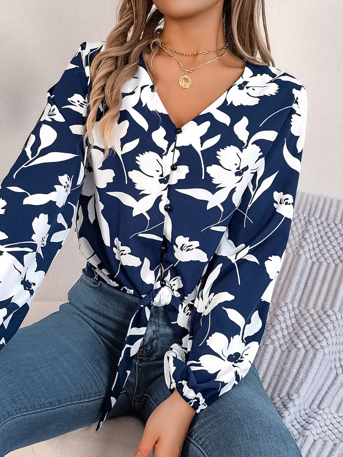 Printed V-Neck Long Sleeve Blouse - The Goddess Galleries