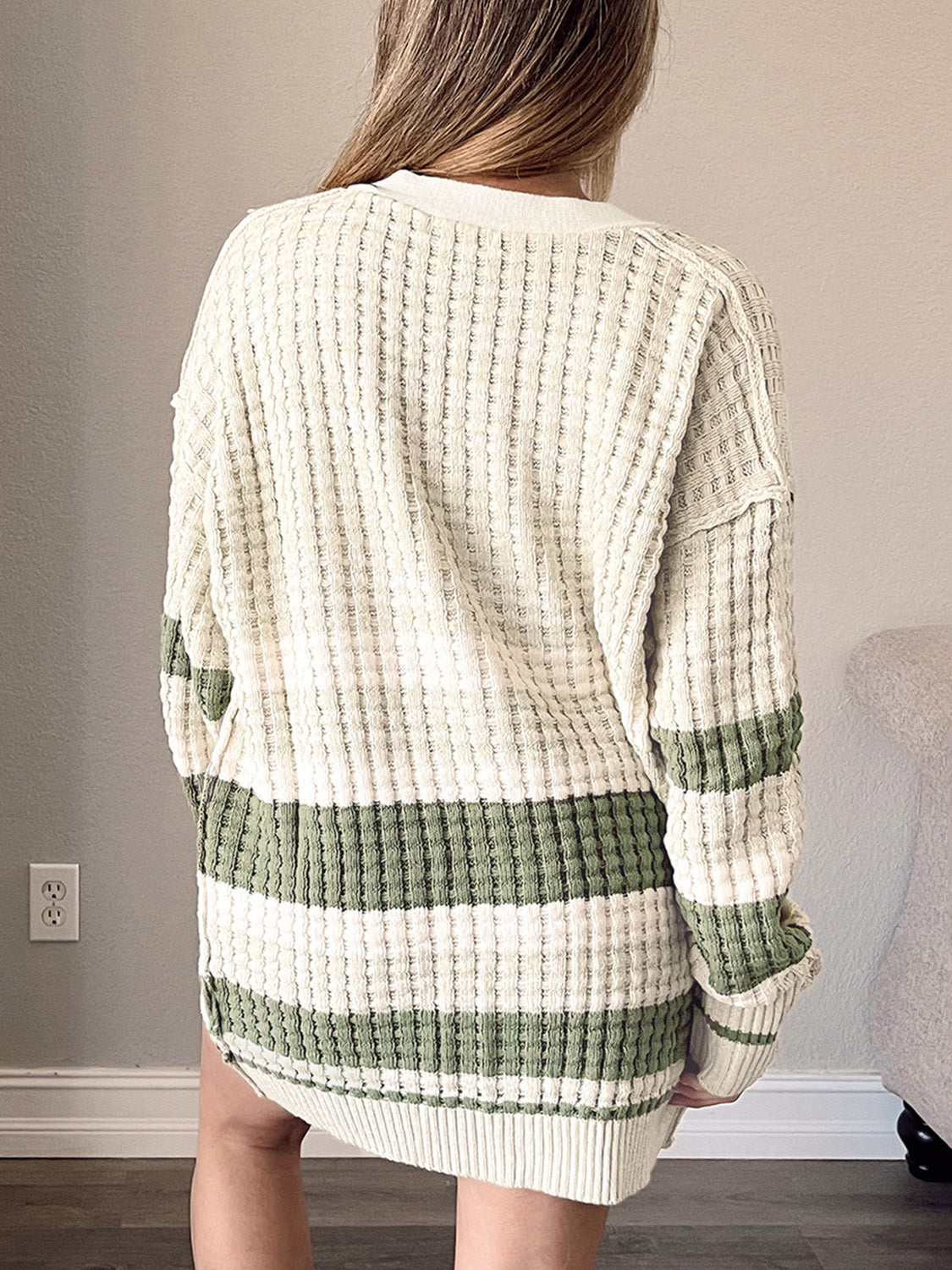 Plus Size Striped Button Up Dropped Shoulder Cardigan - The Goddess Galleries