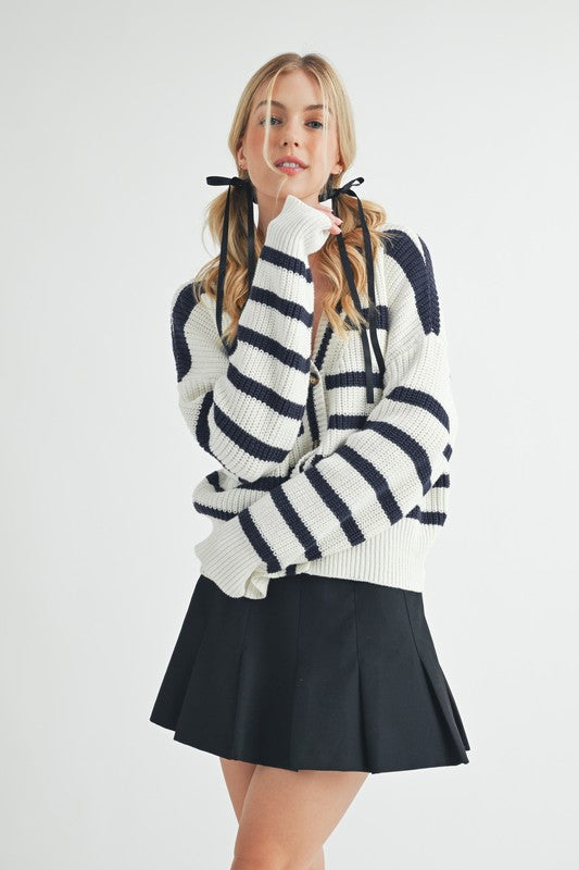 Aemi + Co Striped V-Neck Button Down Cardigan - The Goddess Galleries