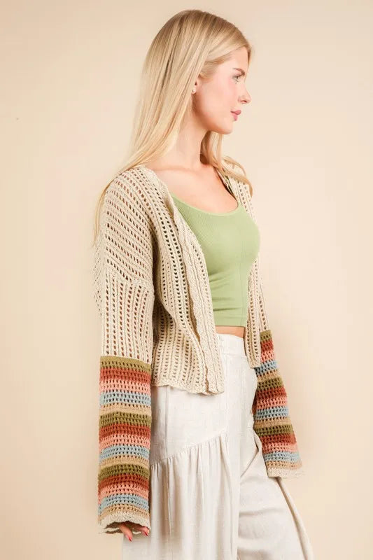 VERY J Color Block Bell Sleeve Openwork Cardigan - The Goddess Galleries