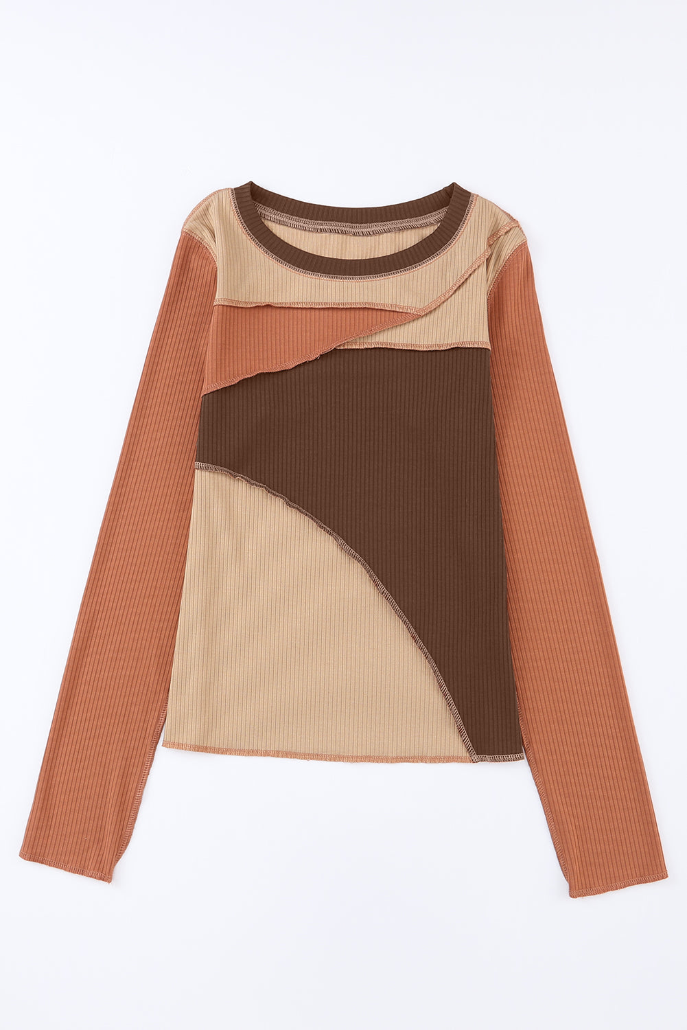 Exposed Seam Contrast Round Neck Long Sleeve T-Shirt - The Goddess Galleries