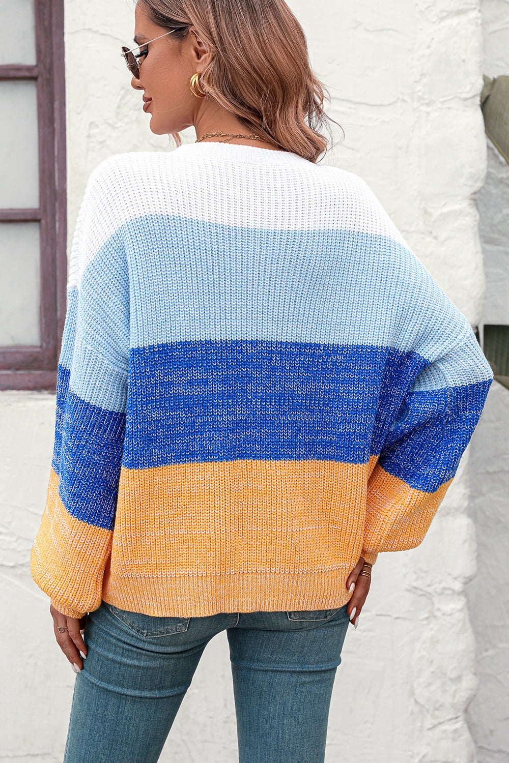 Round Neck Color Block Ribbed Pullover Sweater - The Goddess Galleries