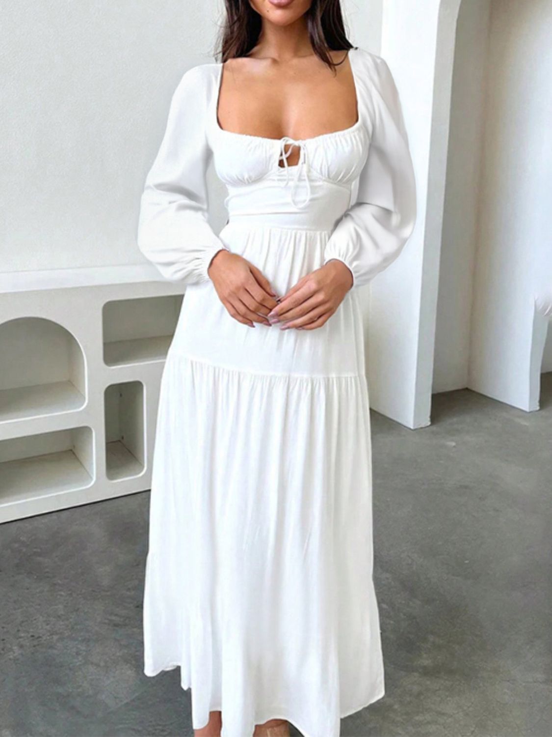 Devine Tie Front Long Sleeve Maxi Dress - The Goddess Galleries
