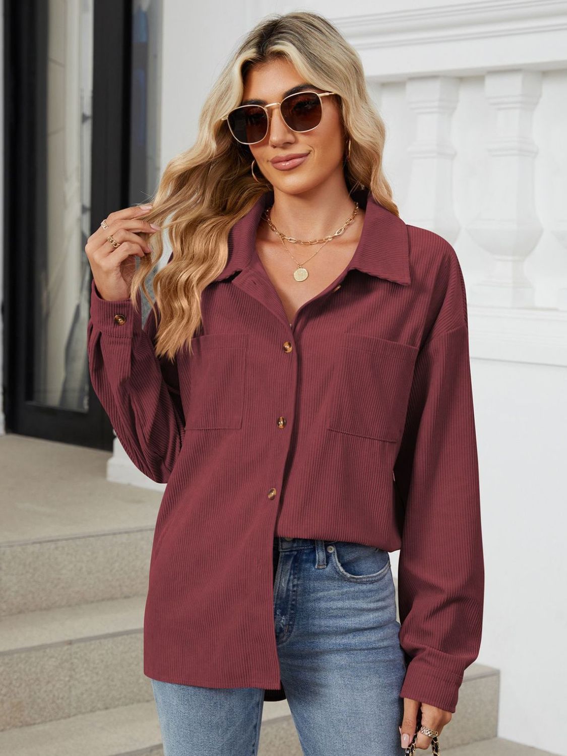 Button Up Long Sleeve Shirt with Breast Pockets - The Goddess Galleries