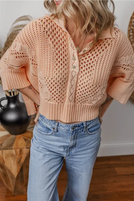 Cutout Collared Neck Three-Quarter Sleeve Sweater - The Goddess Galleries