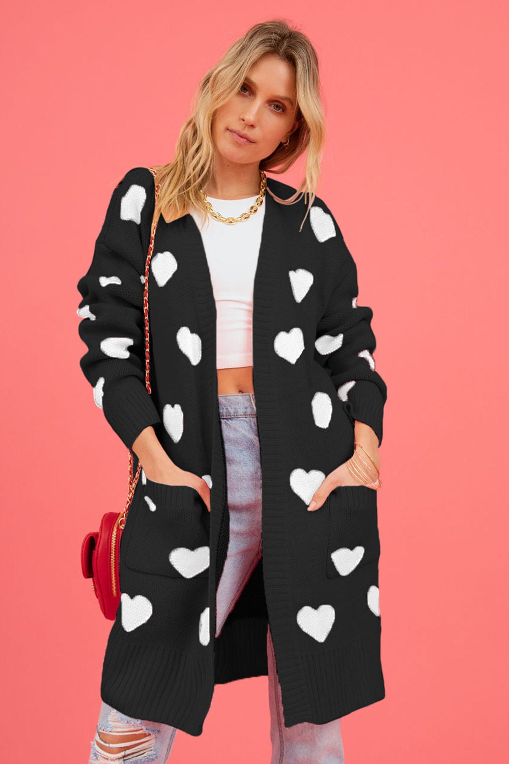 Heart Graphic Open Front Cardigan with Pockets - The Goddess Galleries