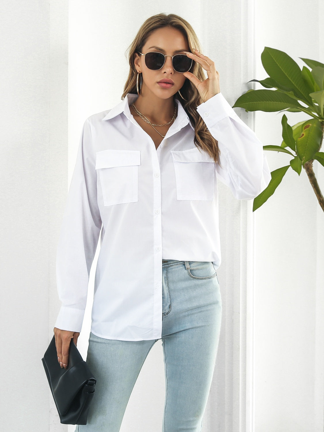 Collared Neck Buttoned Shirt with Pockets - The Goddess Galleries