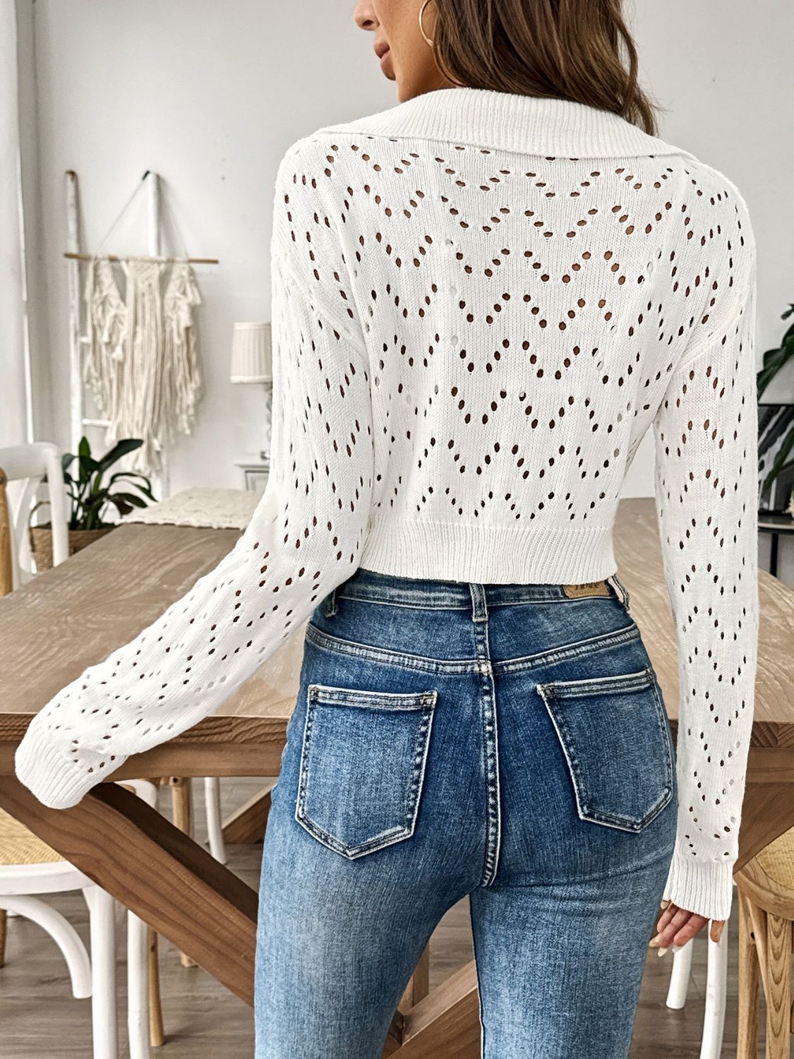 Openwork Collared Neck Long Sleeve Knit Top - The Goddess Galleries