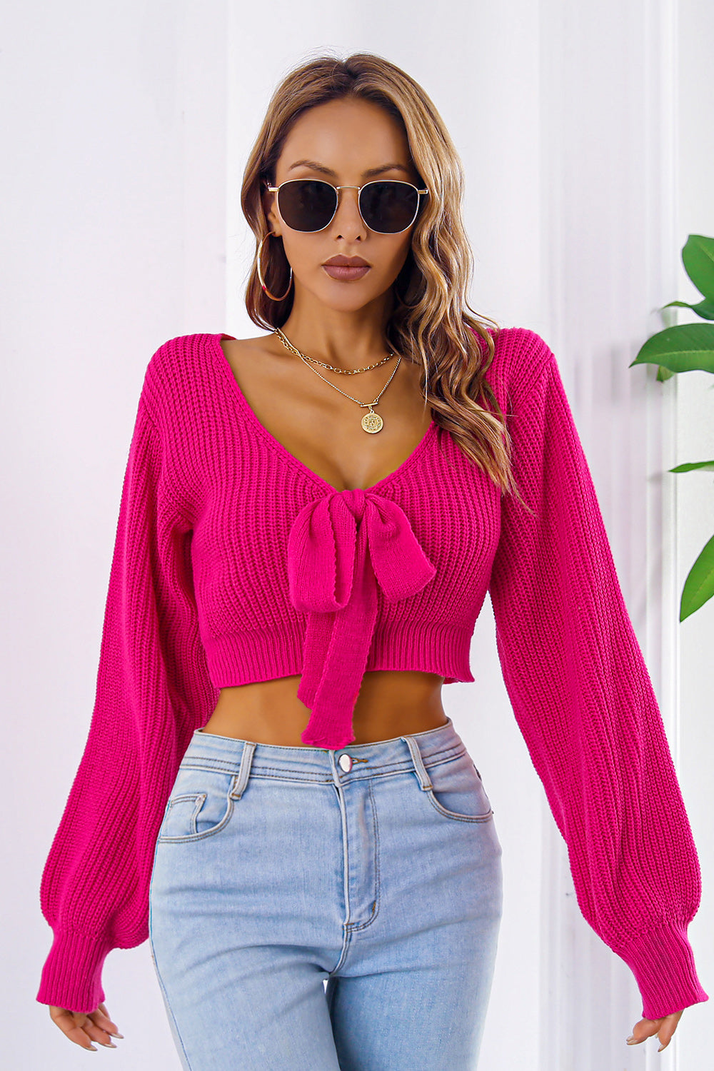 Bow V-Neck Long Sleeve Cropped Sweater - The Goddess Galleries