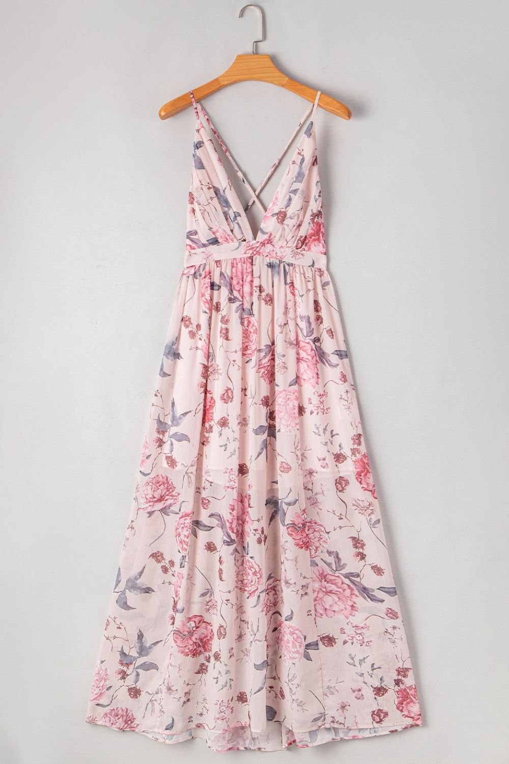 Floral Pleated Deep V Backless Maxi Dress - The Goddess Galleries